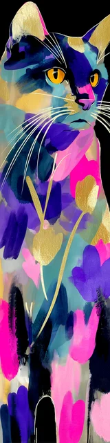 Cat bookmarks featuring a snooty cat with colorful paint marks